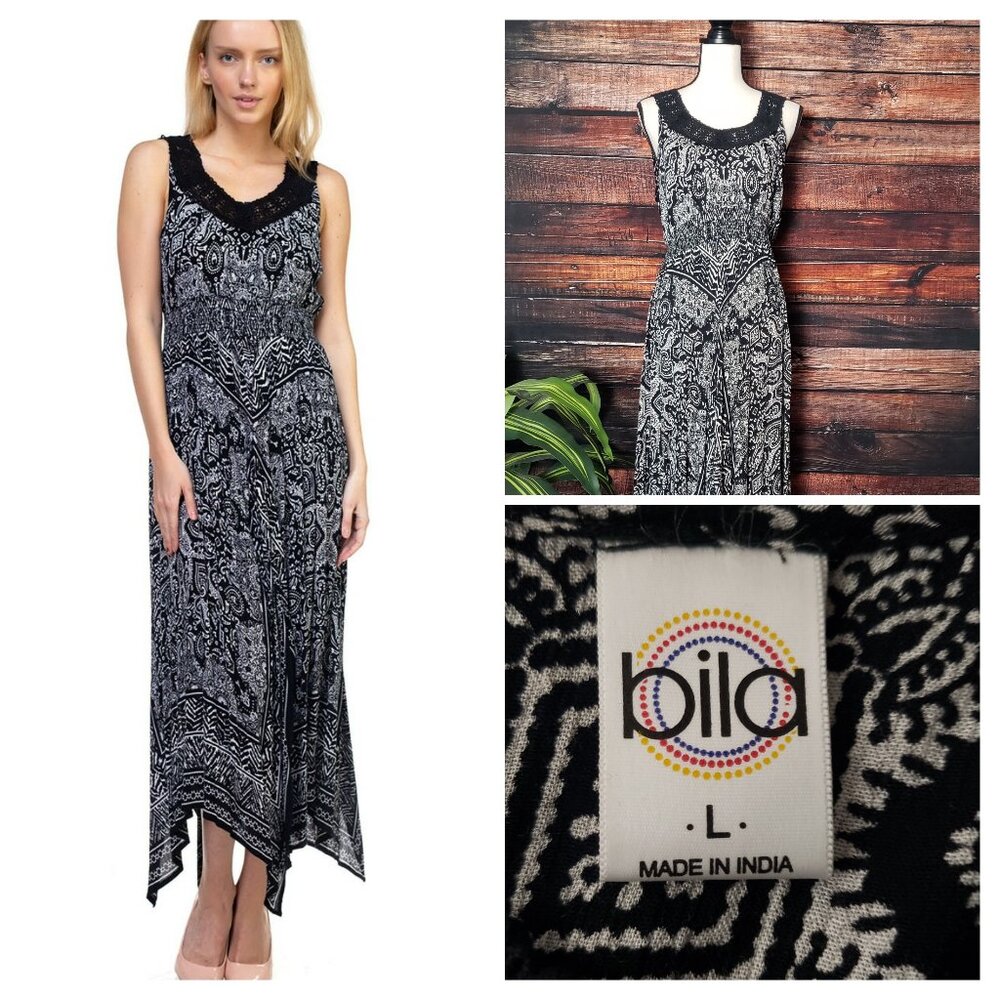 Bila Farah Maxi Dress L Boho Hippie Handkerchief Hem Rayon